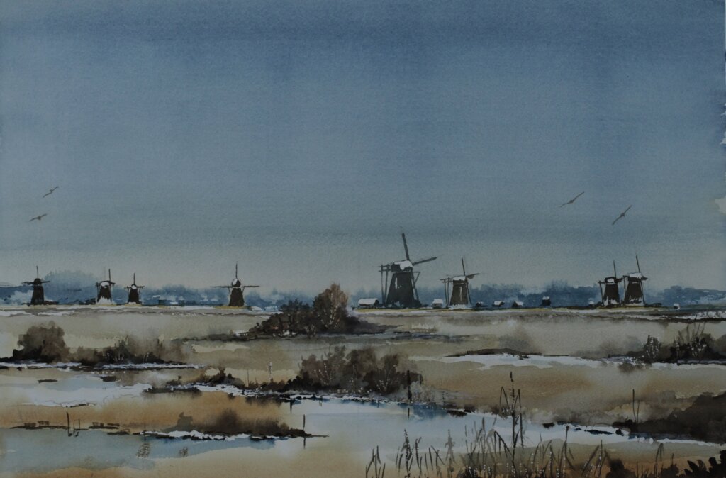 Foto Molens Kinderdijk in aquarel