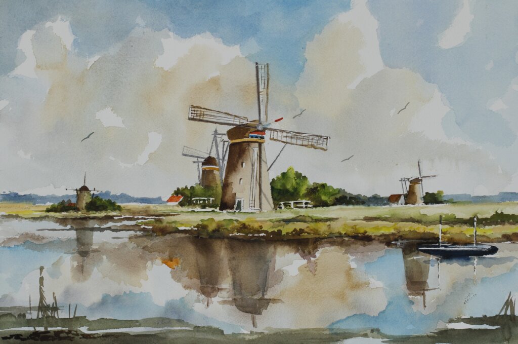 Foto Molens Kinderdijk in aquarel