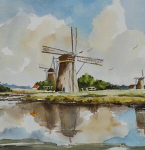 Foto Molens Kinderdijk in aquarel