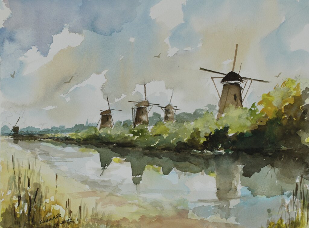 Foto Molens Kinderdijk (5 stuks) in aquarel