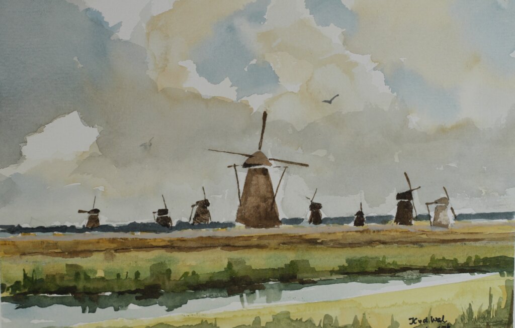 Foto Molens Kinderdijk (klein formaat) in aquarel